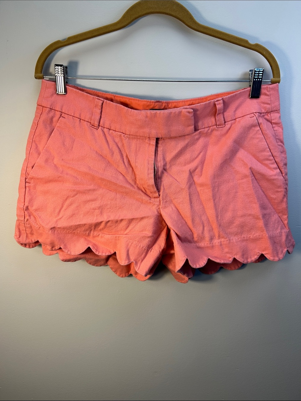 J. Crew Coral Pink Scallop Hem High-Waist Shorts